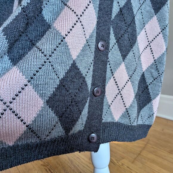 Vintage Argyle Cardigan 90s Elisabeth Gray Knit Longline Dark Academia Size 1X - Picture 5 of 9